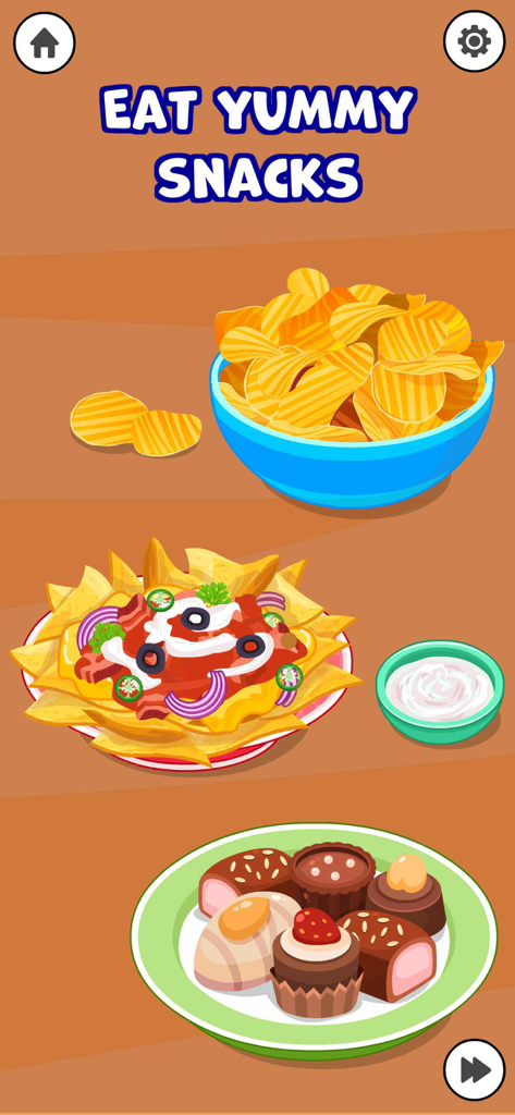 Toddler Cooking Games for Kids - Cartoon illustration of bowls and plates containing potato chips, nachos, and assorted chocolate pastries from a kids cooking app.