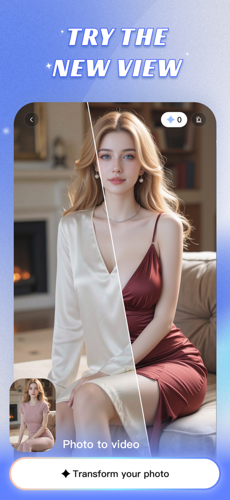 Monkey AI Video Generator - KI-App-Oberfläche, die eine Fototransformation mit einer geteilten Ansicht verschiedener Outfits bei einer Frau zeigt