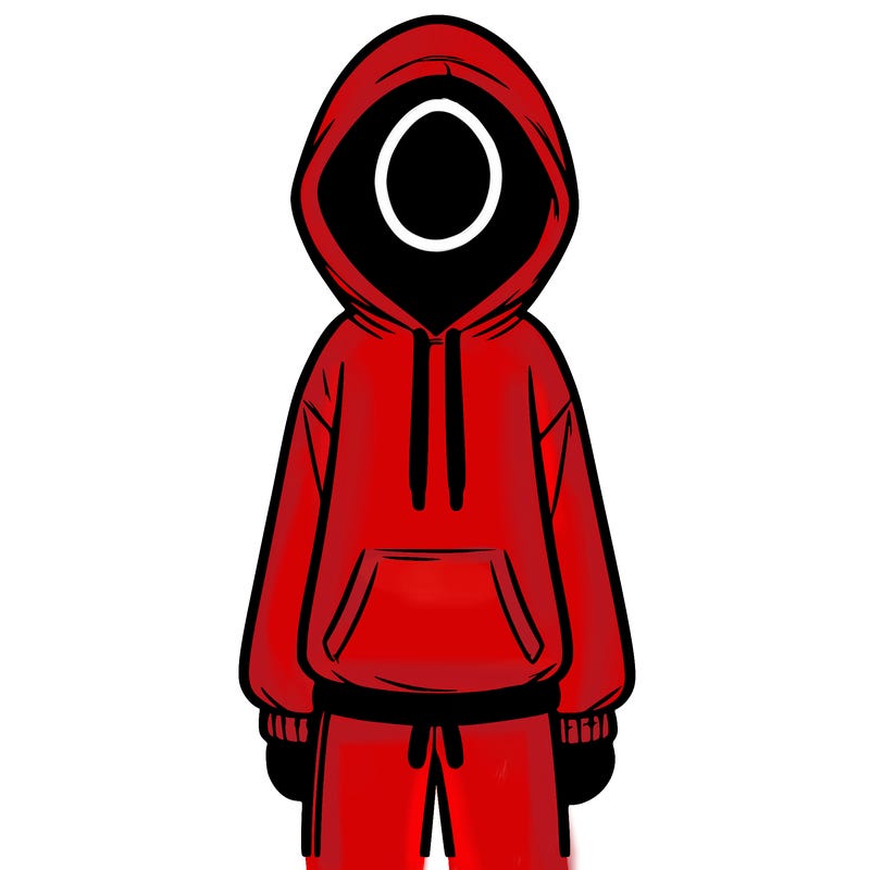 faceless girl in a tracksuit with a hood on and no hair