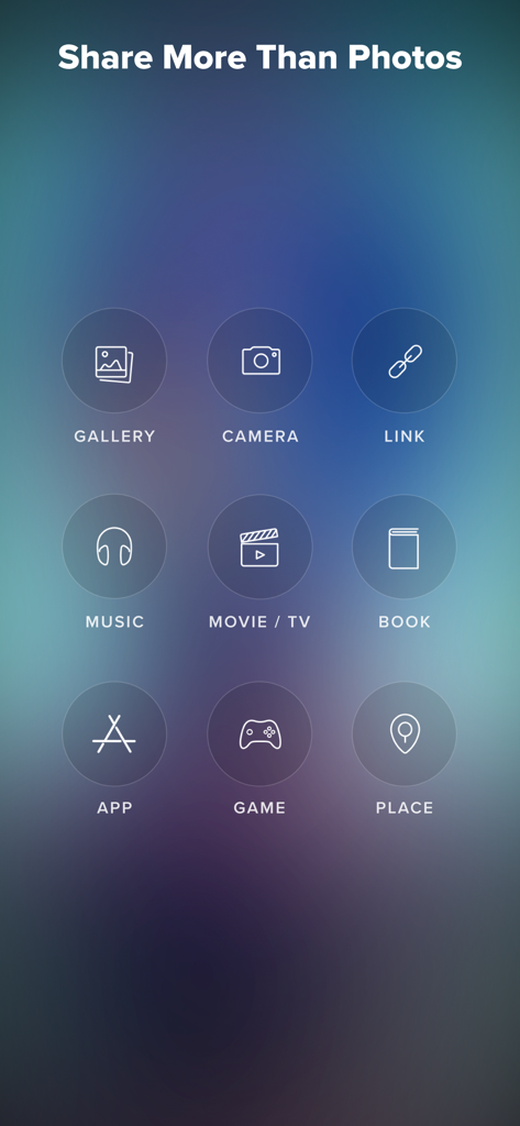 VERO - Vero app menu showing sharing options for music movies books and more