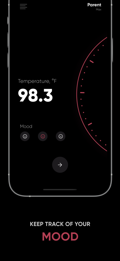 AI Body Temperature Analyser app interface for logging temperature and tracking daily mood