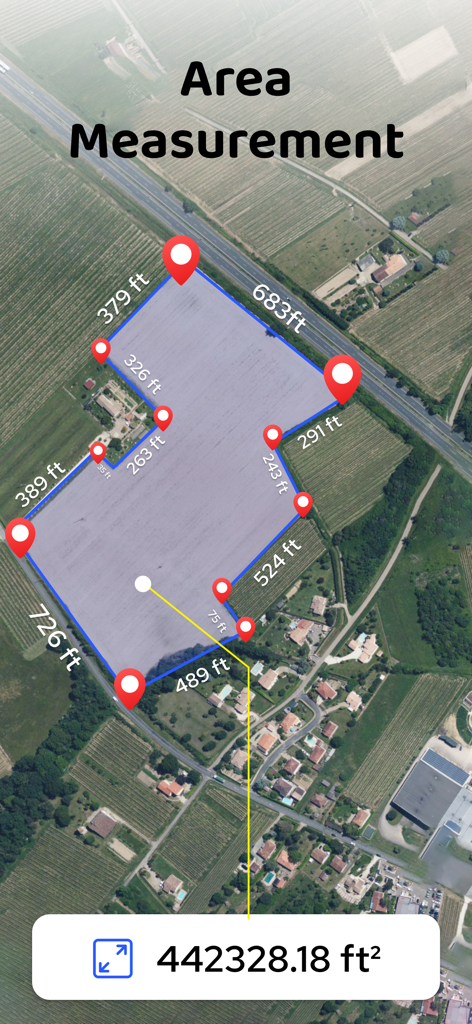 GPS Coordinator Area Measure - Captura de pantalla de la aplicación Coordenadas GPS que muestra una vista de mapa satelital con una medición del área de la parcela de terreno en pies cuadrados.