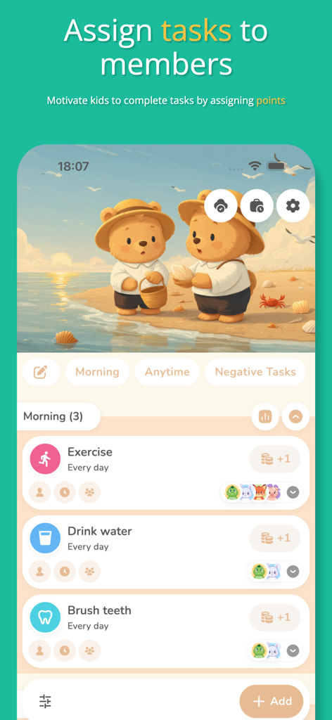 Family Rewards: Chore Chart - A chore chart app screen showing tasks like exercise and brushing teeth with point rewards for kids