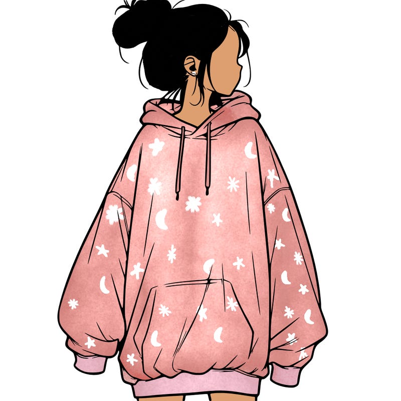 realistic girl with a oversized sweatshirt on and a bun