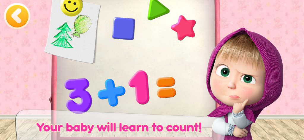 Masha, el personaje de Masha y el Oso, enseñando sumas simples y conteo en una pizarra