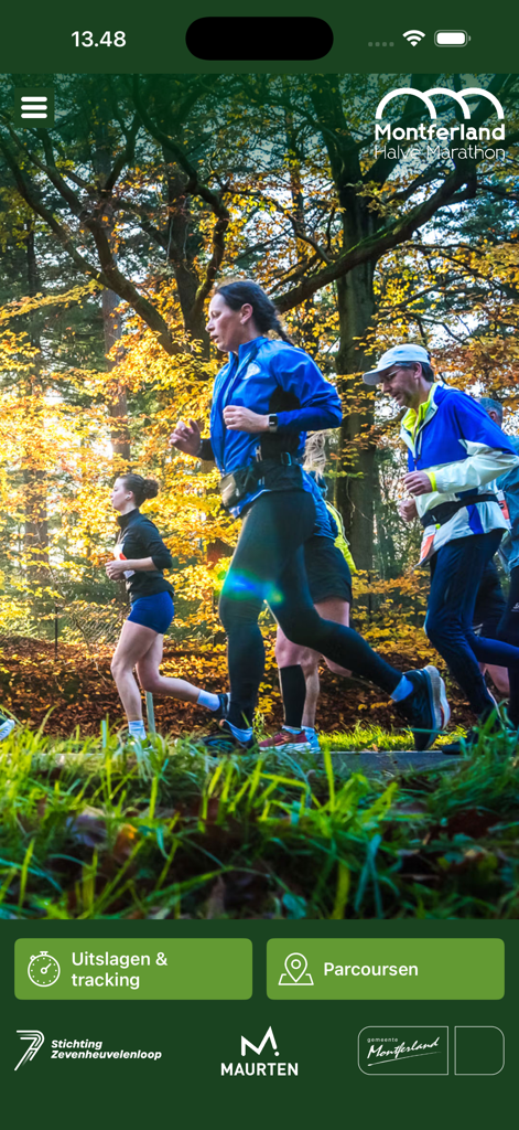 Startbildschirm der Mobile-App für den Montferland-Halbmarathon mit Läufern in einem Wald und Tracking-Optionen