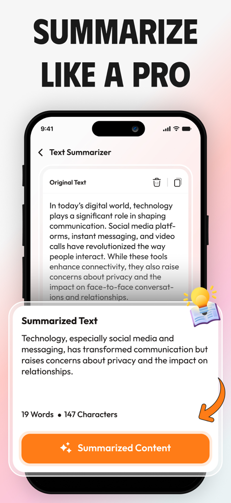 AI Summary - Text Summarizer * - AI Summary app interface showing original text and its condensed summary