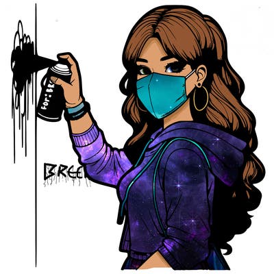 realistic girl with mask spray painting a wall
