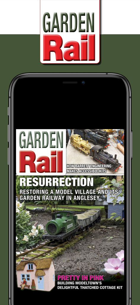 A mobile phone screen displaying the Garden Rail magazine cover featuring a model steam engine on a garden track.