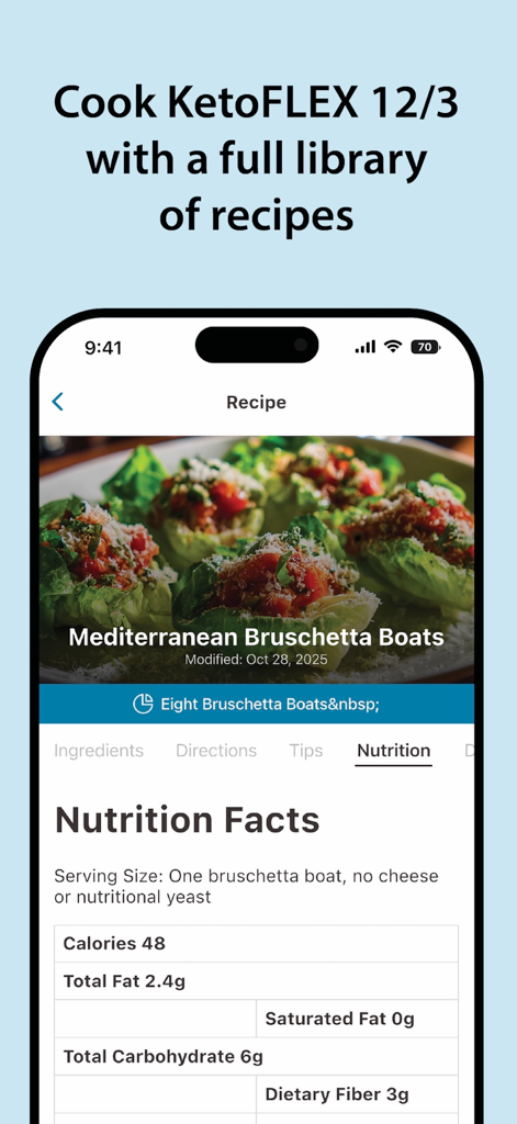 Screenshot dell'app RECODE che mostra una ricetta mediterranea con informazioni nutrizionali per la dieta KetoFLEX.