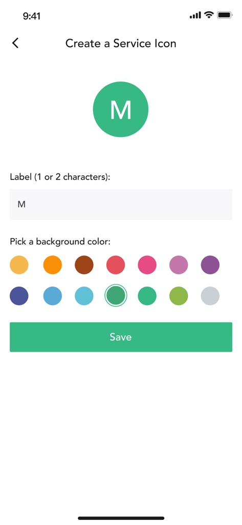 MEXC Authenticator에서 레이블 및 색상 선택기를 사용하여 사용자 지정 서비스 아이콘을 만드는 인터페이스
