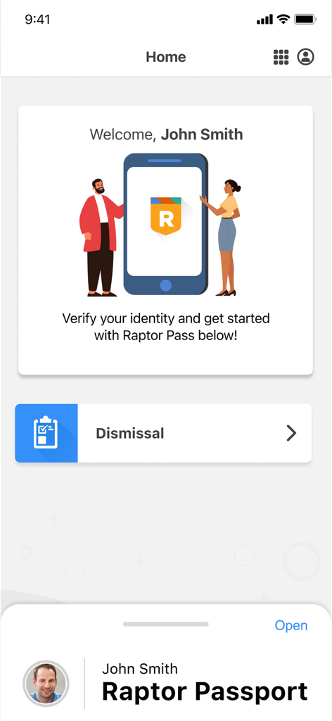 Startbildschirm der Raptor Safe App mit Funktionen zur Überprüfung der Besucheridentität und zur Verwaltung der Schülerentlassung