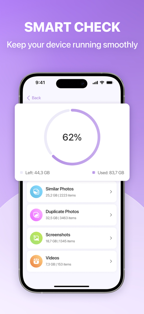 CleanMate App-Oberfläche, die eine Speicheranalyse mit Kategorien für ähnliche Fotos, doppelte Fotos und Videos zeigt.