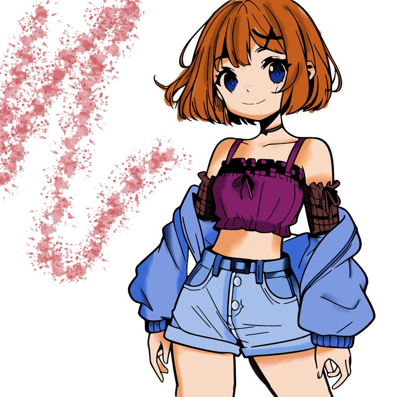 anime girl with mini shorts and a crop top and short hair