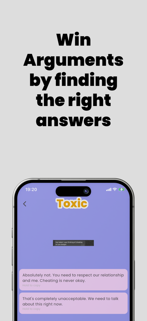 Pantalla de la app Toxic AI mostrando sugerencias de respuestas de texto a un mensaje de relación