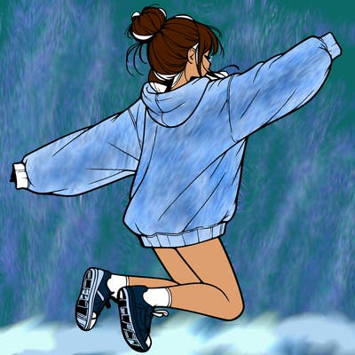 realistic girl jumping with a bun and oversized sweatshirt