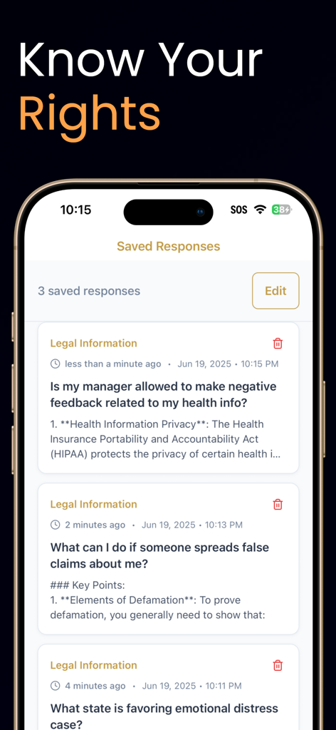 My AI Lawyer - A smartphone screen displaying the saved responses section of the My AI Lawyer app with legal information cards regarding workplace privacy and defamation