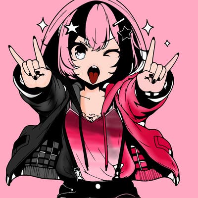 an anime girl,short hair,wearing a hoodie with a jacket on top,wearing jeans,star hair clip on hair,holding up rock and roll sign with both her hand facing forward in the middle,mouth open with tongue sticking out, pointy teeth