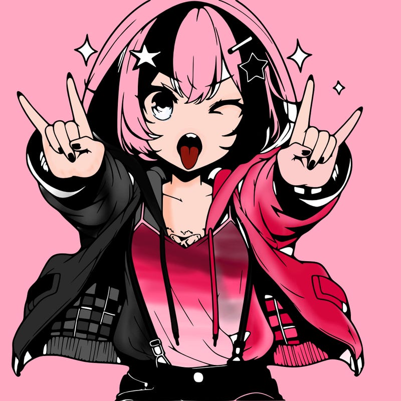 an anime girl,short hair,wearing a hoodie with a jacket on top,wearing jeans,star hair clip on hair,holding up rock and roll sign with both her hand facing forward in the middle,mouth open with tongue sticking out, pointy teeth