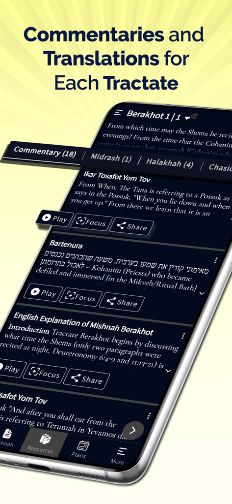 Mishnah study app showing Hebrew and English commentaries and translations for religious study.