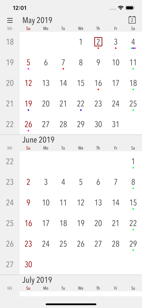 Cali - The Calendar App - Minimalist monthly calendar interface in the Cali app showing multiple months and event indicators