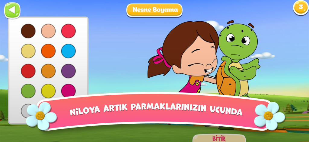 Niloya hugging her turtle friend Tospik in a digital coloring game for kids