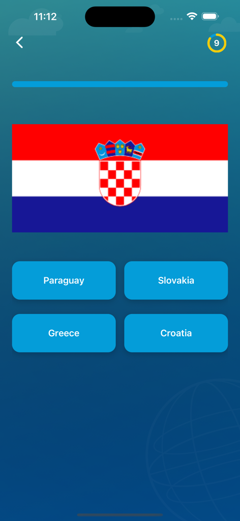 World Quiz and Emojis - Una pantalla de la aplicación World Quiz and Emojis que muestra la bandera de Croacia y cuatro opciones de países de opción múltiple.