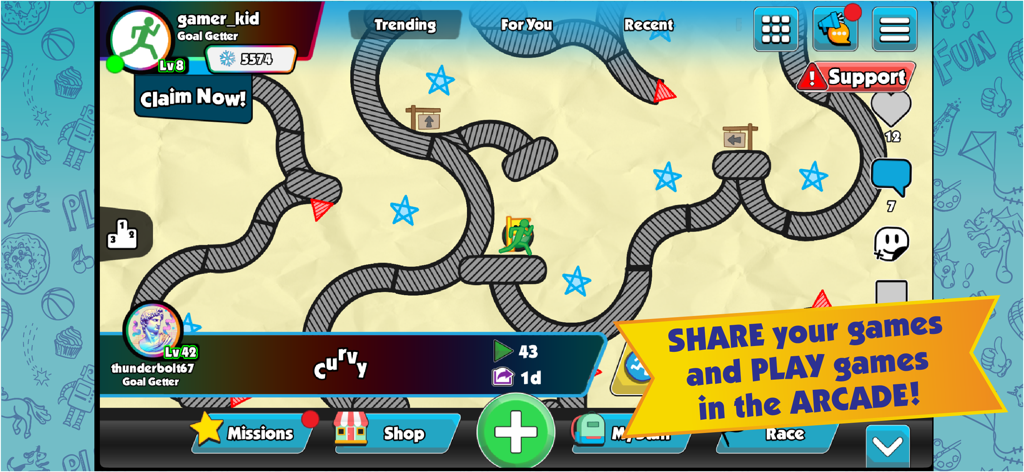 Pixicade - Game Creator - Pixicade app interface showing a hand-drawn game level with options to share and play in the arcade