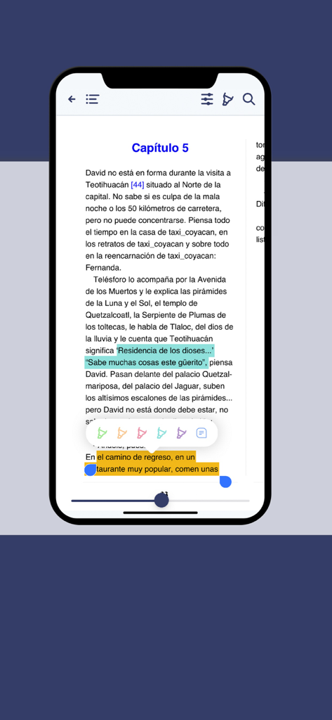 Clubes virtuales IC (oficial) - Vista de un libro digital en español dentro de la aplicacion con opciones para resaltar texto y tomar notas