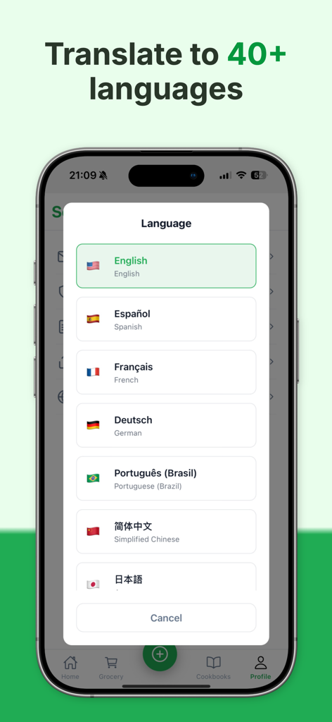 Language selection screen in Recipe One app showing multiple translation options for global recipes.