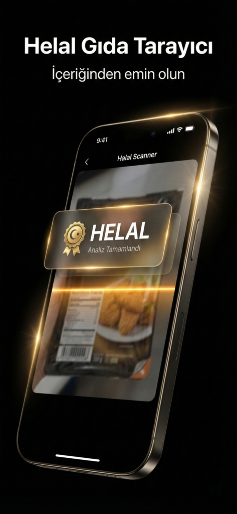 Hidayet: İslami Asistanınız - Smartphone displaying the Halal Food Scanner feature of the Hidayet app scanning a product with a Halal certification badge