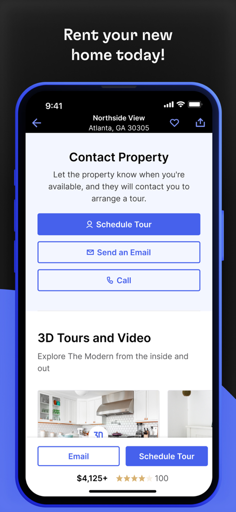 Rent. Apartments and Homes - Mobile app screen showing a property listing with options to schedule a tour or email the landlord