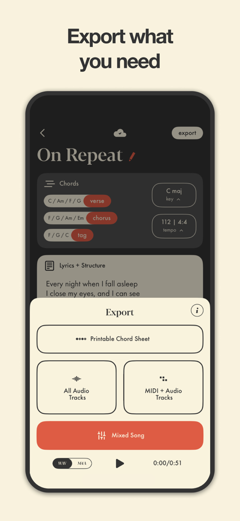Interface of Demo app showing export options for chord sheets, audio tracks, and MIDI files.