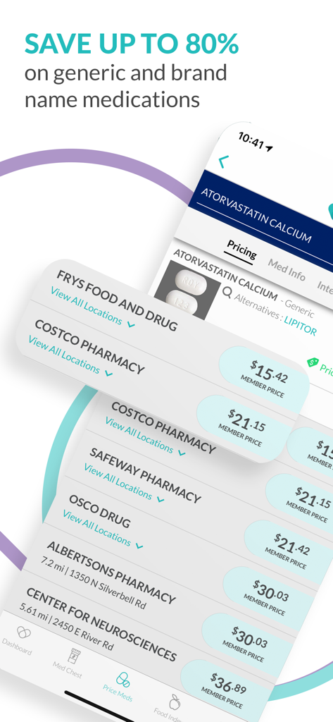 ScriptSave WellRx app screen showing a comparison of prescription medication prices at various pharmacies like Costco and Safeway