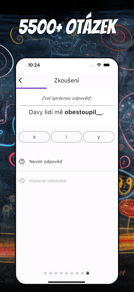 Čeština - チェコ語アプリのインターフェース。複数の選択肢がある文法クイズの問題が表示されています