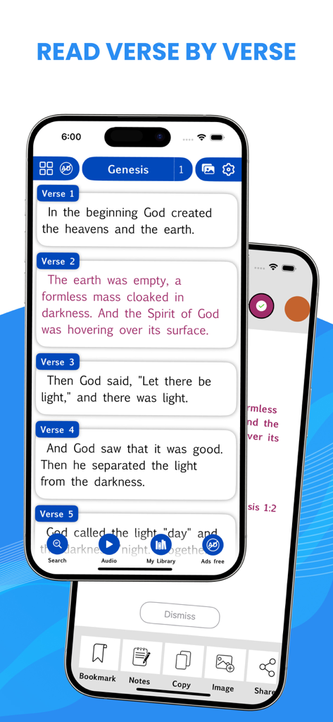 NLT Bible app mobile interface displaying Genesis chapter one in a clear verse by verse reading layout
