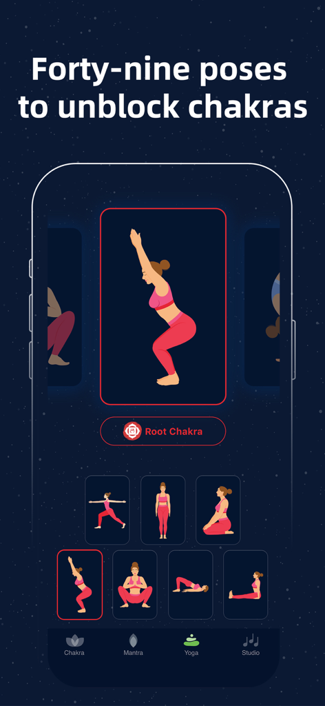 Interface of the Chakra Meditation app showing various yoga poses to unblock the Root Chakra.