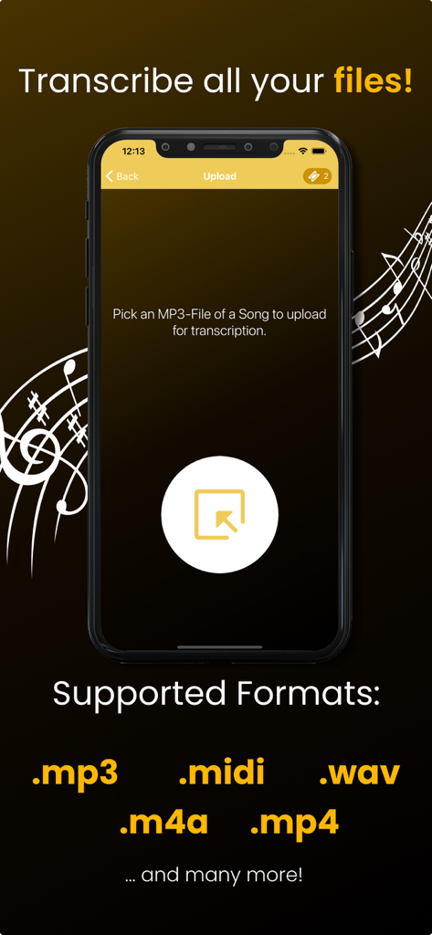 Guitar2Tabs - Transcribe Riffs - Guitar2Tabs app screen showing the upload interface and supported audio formats for guitar transcription