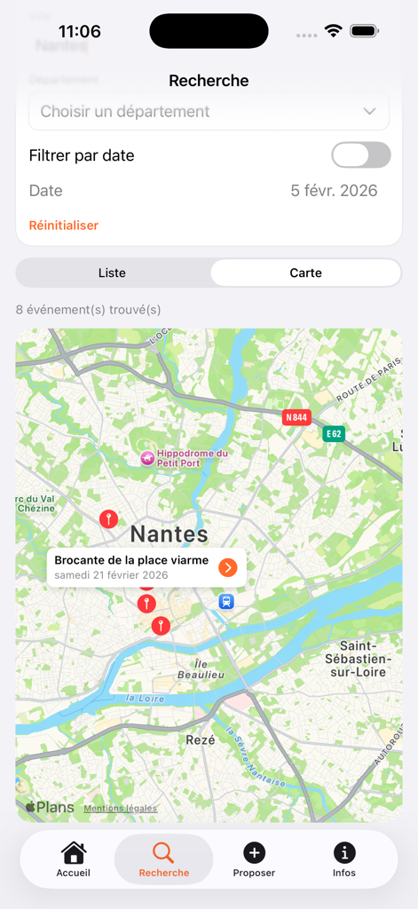 Vide-greniers et brocantes - Map view of the Vide-greniers et brocantes app showing antique market locations in Nantes France