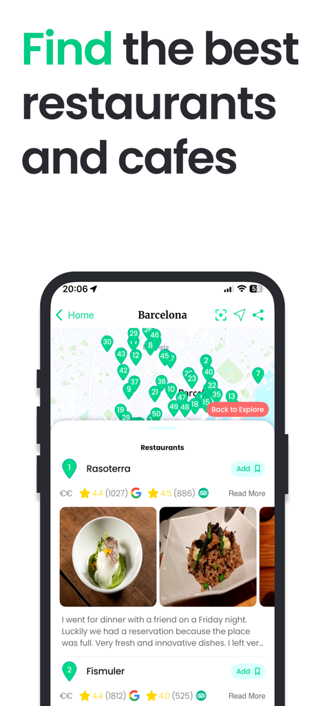 Screenshot di un'app mobile che mostra una mappa di ristoranti a Barcellona con foto e recensioni degli utenti