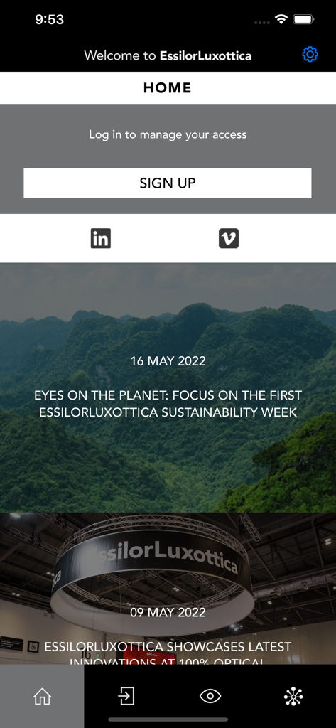 Welcome To EssilorLuxottica - Home screen of the Welcome To EssilorLuxottica application featuring login options and corporate news.