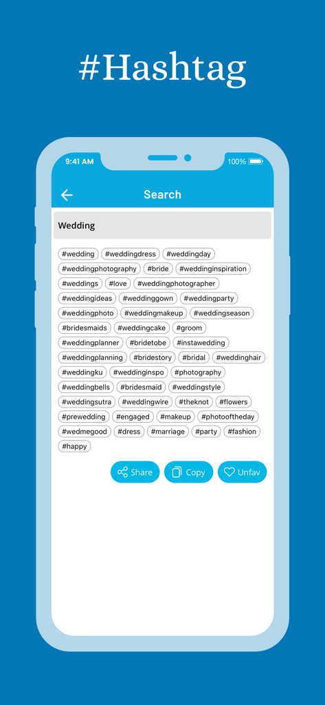 HashTag : #Tag For Caption - Interfaz de la app HashTag mostrando una lista curada de hashtags de bodas para publicaciones de Instagram