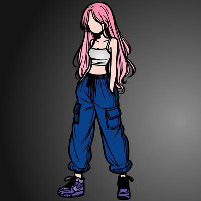 girl in baggy pants crop top and long hair