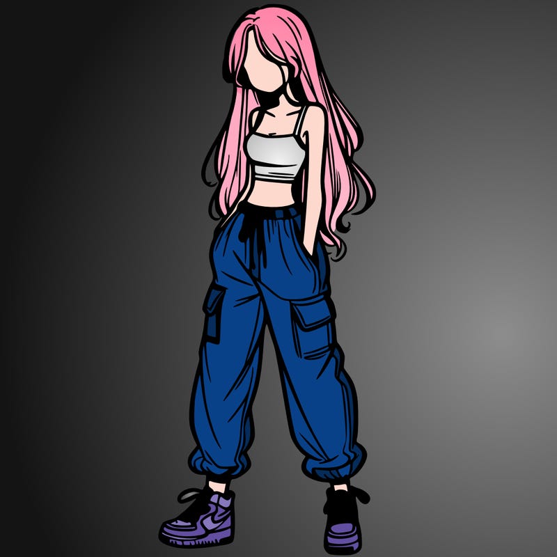 girl in baggy pants crop top and long hair