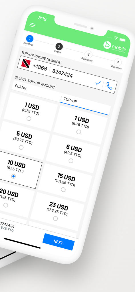 Bmobile Topup - Interface of the Bmobile Topup app showing mobile recharge options in USD for Trinidad and Tobago phone numbers.