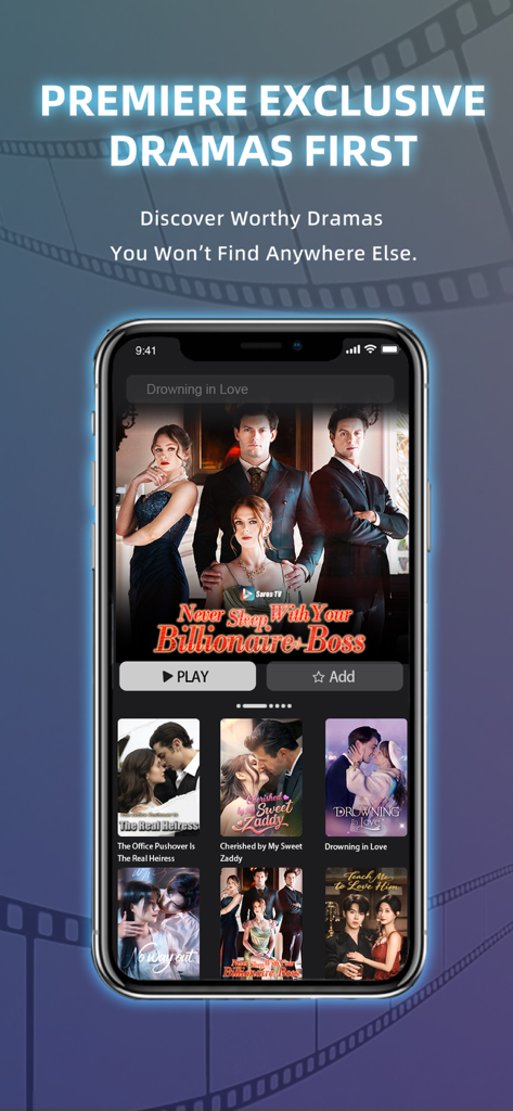 Saros TV - Shorts & Reels - Interface de l'application Saros TV présentant des micro-séries exclusives de romance et de drame sur l'écran d'un smartphone.