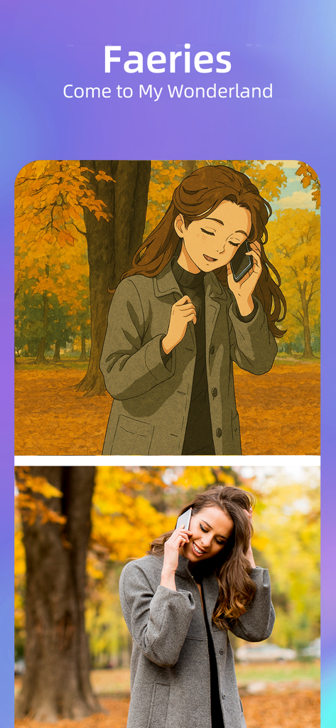 Anime AI - Uma comparação mostrando uma foto real de uma mulher em um parque de outono transformada em uma ilustração estilizada de anime