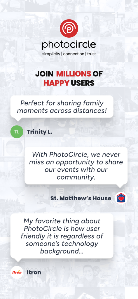 PhotoCircle - Nutzer-Testimonials für PhotoCircle, die Bewertungen von Familien, Communities und Unternehmen zu Benutzerfreundlichkeit und Datenschutz zeigen.