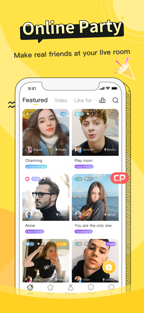 Mobile screenshot of the Lemo app's featured live room section titled Online Party.