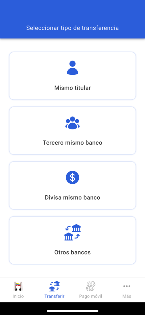 BANFANB APP - Screenshot of the BANFANB APP transfer menu showing options for transfers to same titular third parties in the same bank foreign currency or other banks